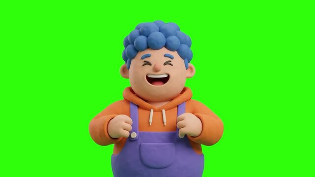 A 3D animated cartoon boy with curly blue hair and an orange hoodie laughing joyfully with clenched fists on a chroma key green background. Excellent for children reaction clips, comedy animations, ed