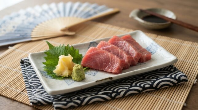 Fresh tuna sashimi slices served with wasabi and pickled ginger on a decorative plate