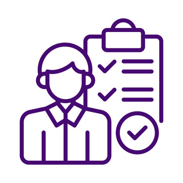 Purple line icon of a person with a completed clipboard checklist transparent background