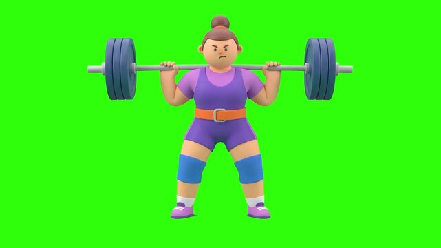 A strong 3D animated female athlete in a purple suit lifting and squatting a heavy barbell on a chroma key green background. Great for gym workouts, weightlifting topics, powerlifting promos, fitness 