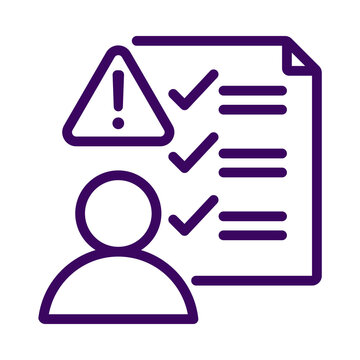 Purple outline icon featuring a human user profile with document checklist and warning triangle symbol transparent background