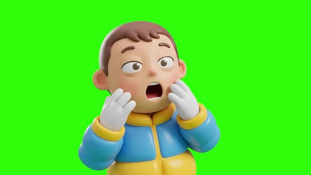 A 3D animated young man holding his cheeks in horror with a shocked and terrified expression on a chroma key green background. Suitable for fear reactions, panic topics, scary story video edits, and d