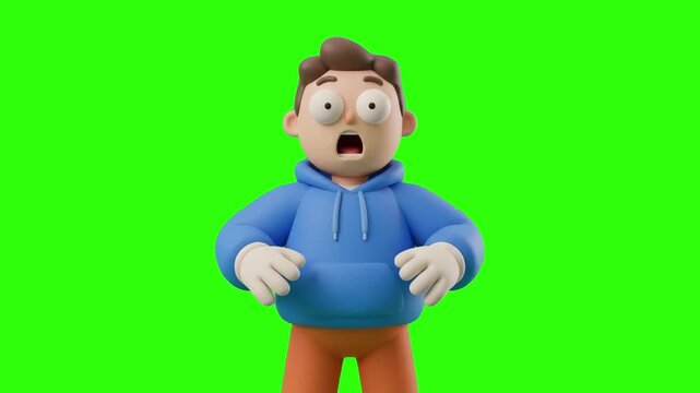 A 3D animated young man in a blue hoodie staring wide-eyed with an open mouth in shock and disbelief on a chroma key green background. Great for shock reactions, surprising news, viral content, and ed
