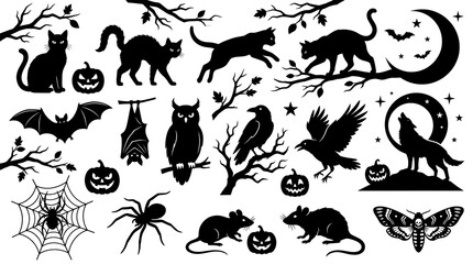 Fototapeta premium Halloween and spooky creatures solid icon set containing icons for Black Cat Jack o lantern Bat Owl Raven Wolf Spider Web Rat Moth Moon and Tree branches for seasonal design projects