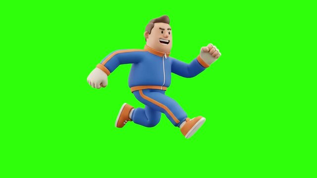 A 3D animated athletic man in a blue tracksuit running fast on a chroma key green background. Perfect for sports promos, fitness content, active lifestyle videos, marathon ads, and motion graphics ove