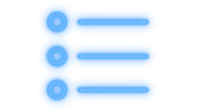 Glowing neon list or menu icon isolated on transparent background. Bullet points. Checklist symbol. Options directory. Web navigation UI element.