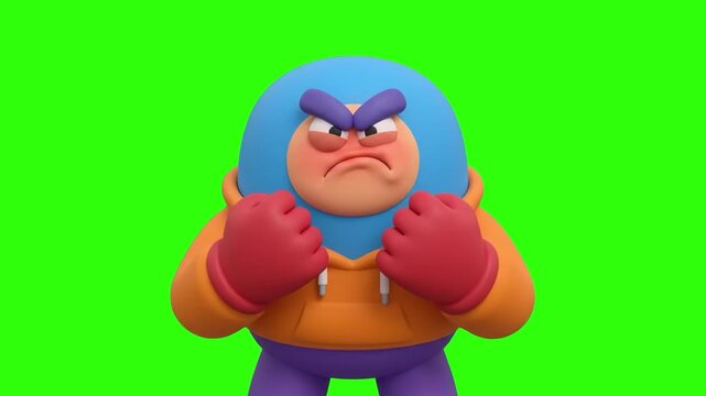 A stylized 3D animated cartoon character turning red with rage, clenching fists, and frowning heavily on a chroma key green background. Suitable for rage reactions, funny angry clips, conflict topics,