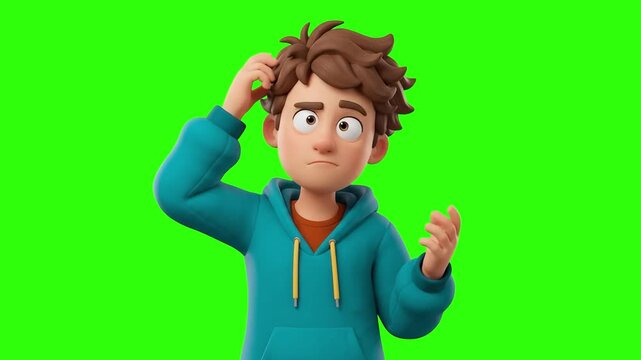 A 3D animated young man in a teal hoodie scratching his head thoughtfully with a confused expression on a chroma key green background. Great for decision-making clips, problem solving, educational exp