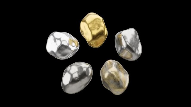 A set of 3D rendered shiny gold and silver mineral ore nuggets floating in a circle on a solid black background. Great for mobile game UI, mining inventory graphics, fantasy asset packs, dark backgrou