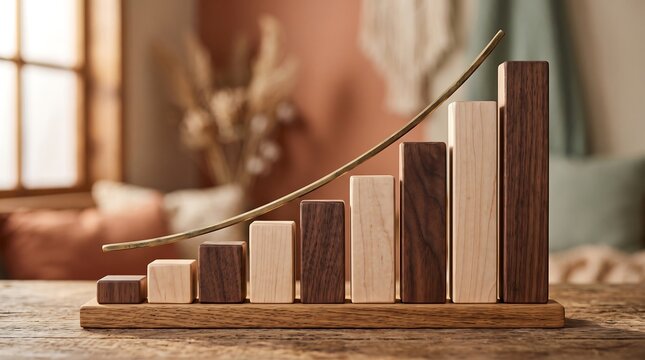 Wooden bar graph with upward trending line on a rustic table