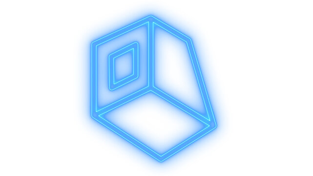 Glowing neon room logo icon isolated on transparent background. 3D cube outline. Interior space symbol. Architecture box. Isometric apartment sign.