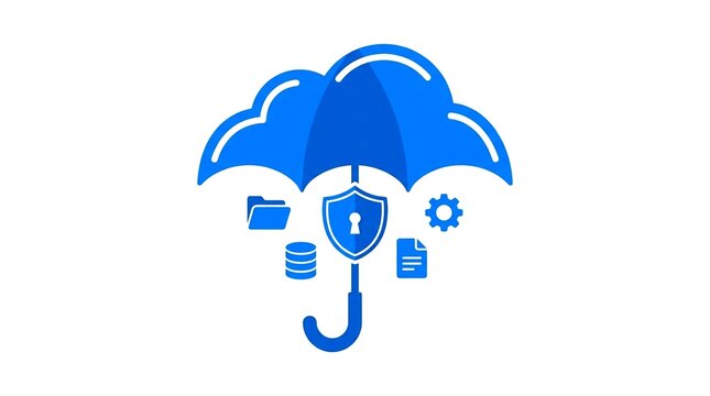 Insurance and safety tech icon featuring an umbrella with cloud node accents.