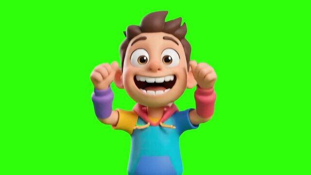A happy 3D animated cartoon boy character cheering excitedly with raised fists on a chroma key green background. Perfect for kids game win scenes, celebration videos, success reactions, child animatio