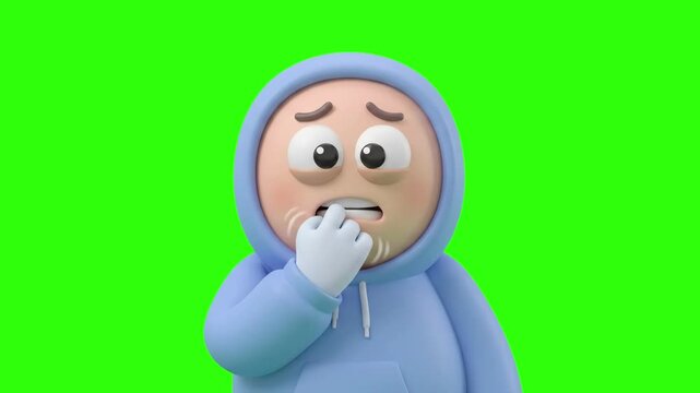 A 3D animated cartoon guy in a hoodie biting his nails with a worried and scared facial expression on a chroma key green background. Great for stress topics, anxiety clips, problem-solving explainer v