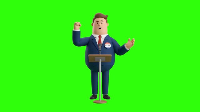 A stylized 3D animated cartoon politician character standing at a microphone stand with raised hands during a speech on a chroma key green background. Suitable for political campaigns, funny speeches,