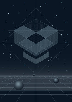 Futuristic 3D Geometric Cube with Digital Grid and Space Background