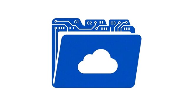 Digital file organization icon featuring a folder with cloud and circuit board details.