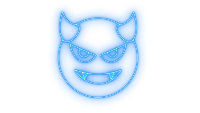 Colorful neon devil emoji icon with horns and fangs grinning wickedly showing evil expression for digital design and social media isolated on transparent background