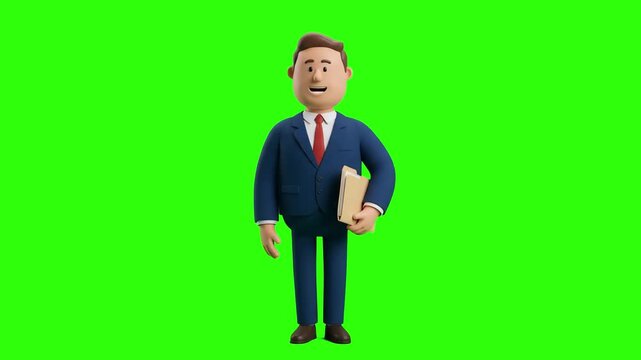 A 3D animated businessman in a formal blue suit holding a folder and standing on a chroma key green background. Perfect for corporate presentations, business explainer videos, office workflows, and ed