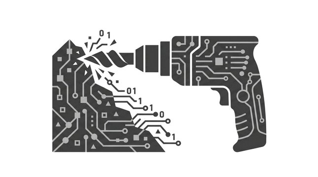 Heavy-duty data extraction icon featuring a drill bit and electronic circuitry lines.