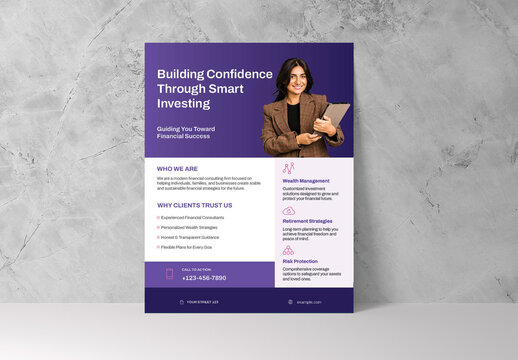 Purple and White Modern Financial Consulting Flyer Layout