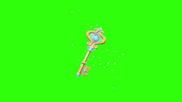 A 3D animated golden magic key adorned with a blue jewel floating amidst sparkling magic dust on a chroma key green background. Suitable for video game UI assets, fantasy story transitions, loot rewar