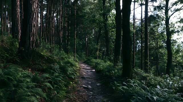 A narrow dirt path winds through a dense forest with tall trees and lush green ferns under soft natural light