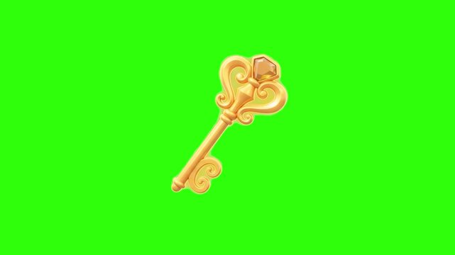 A 3D rendered ornate golden key with an embedded orange crystal gem resting on a chroma key green background. Excellent for treasure hunt mobile games, award unlocks, fairytale prop graphics, and keya