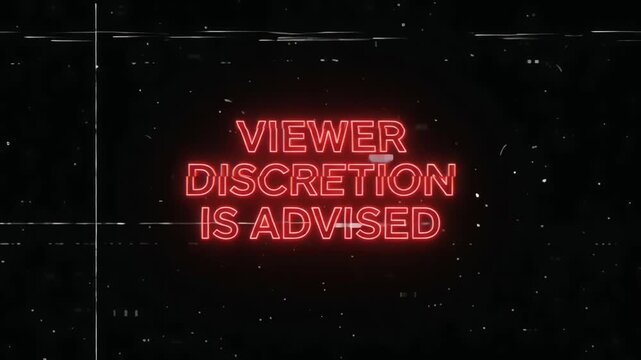 Red neon viewer discretion is advised text with digital glitch effects
