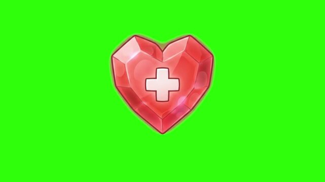 A 3D rendered faceted red crystal heart icon with a medical white cross symbol on a chroma key green background. Perfect for mobile RPG games, health bar power-ups, medical UI icons, life counter anim