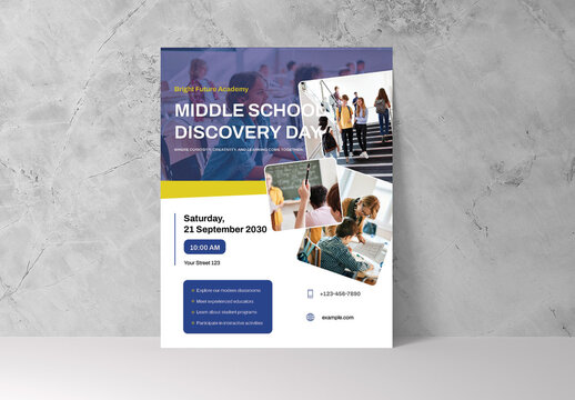 Blue and Yellow Modern Middle School Open Day Flyer Layout