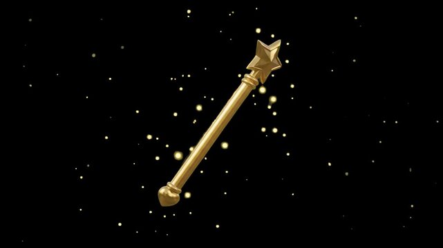 A detailed 3D animated golden star magic wand floating with glowing glitter particles against a black background. Suitable for fantasy film visual effects, magical reveal overlays, game UI assets, and