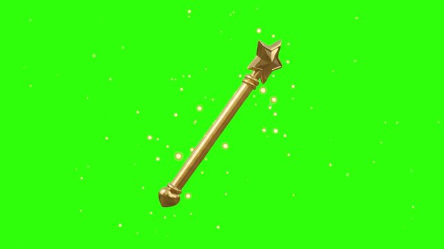 A golden 3D animated magic wand with a star tip floating amidst sparkling magic particles on a chroma key green background. Great for fairytale promos, magic show intros, children's game assets, and v