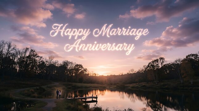 Scenic landscape with clouds forming happy marriage anniversary text