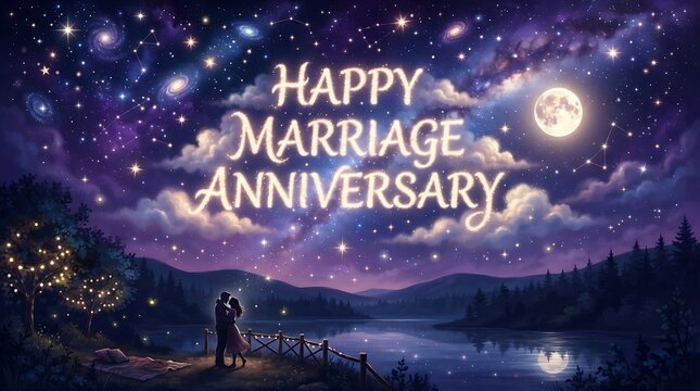 Celestial scene depicts happy marriage anniversary with couple silhouetted by water