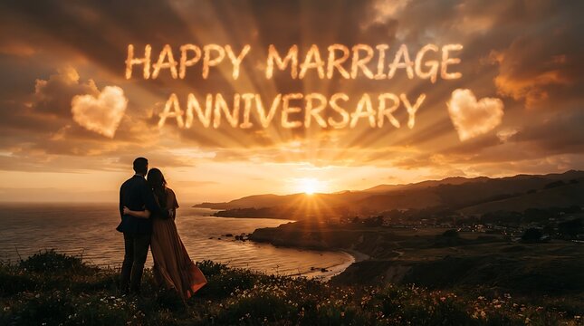 Couple embracing with celebratory text in a sunset sky