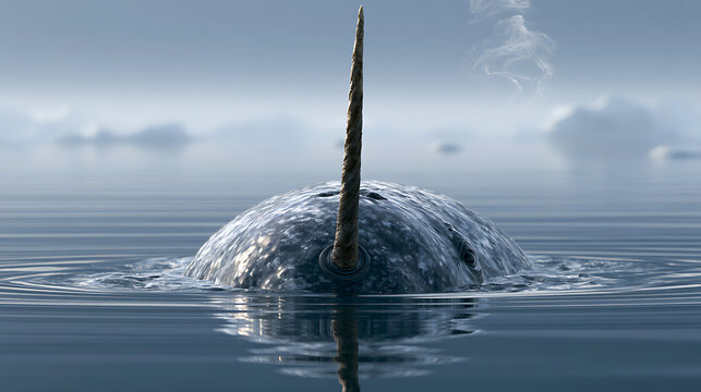 Narwhal surfaces with long tusk in cold arctic ocean waters
