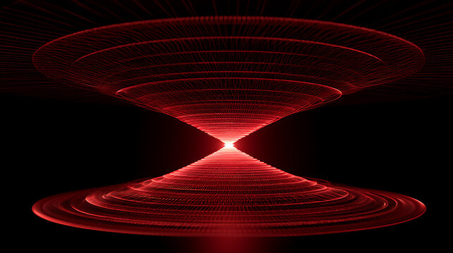 Red wireframe funnel sculpture with a bright central glow dark background