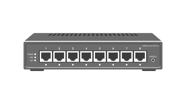 Clean network switch icon showcasing connectivity ports and digital data routing paths.