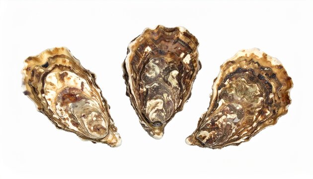 Three raw oyster shells with intricate natural textures arranged on a clean white background