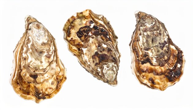 Three raw oyster shells with intricate natural textures arranged on a clean white background