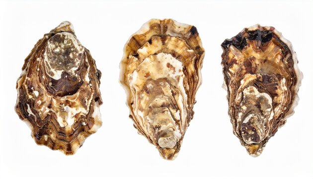 Three raw oyster shells with intricate brown and white textures isolated on a clean white background