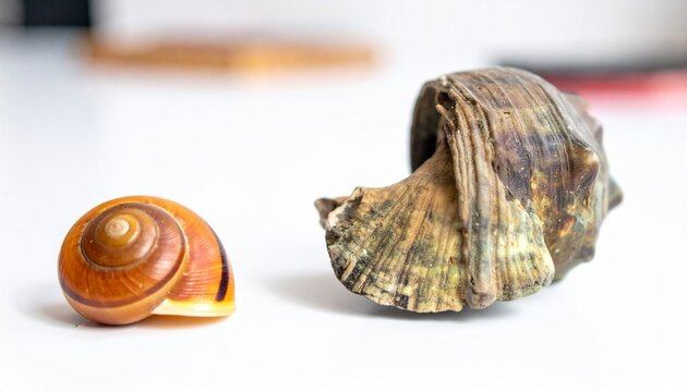 Small spiral snail shell and a textured ancient fossil shell arranged on a clean white background
