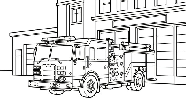 Fire truck parked in front of a fire station building in a line art style