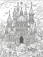 Fototapeta premium Intricate fantasy castle illustration featuring gothic architecture and crystal accents for fantasy book covers