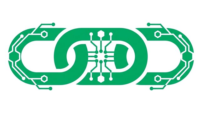 Interlocking chain links with digital circuit patterns representing blockchain technology.