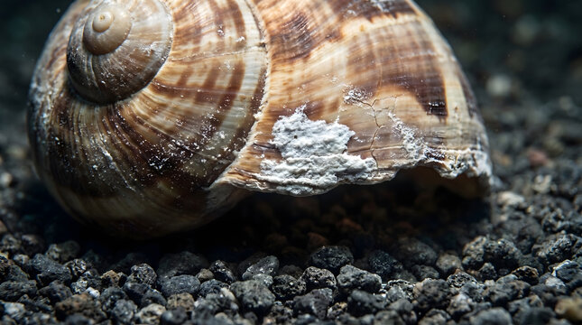 Large textured sea snail shell resting on dark ocean floor