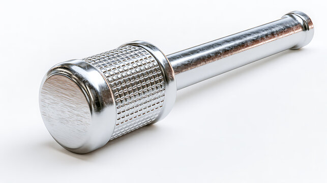 A silver reflex hammer rests on a plain white background