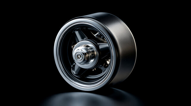 A single black caster wheel with silver metal frame against a dark background