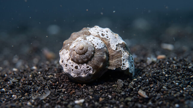 Textured white sea snail shell on dark ocean floor